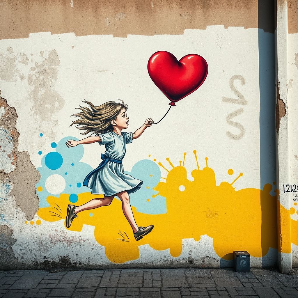 Una reproducción de la obra de arte callejero 'Girl with Balloon' de Banksy, mostrando a una niña extendiendo la mano hacia un globo rojo en forma de corazón.