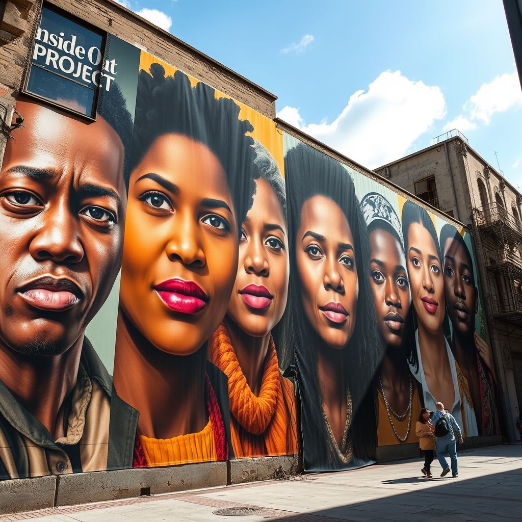 Una instalación del 'Inside Out Project' de JR, mostrando grandes retratos pegados en un edificio o espacio público.
