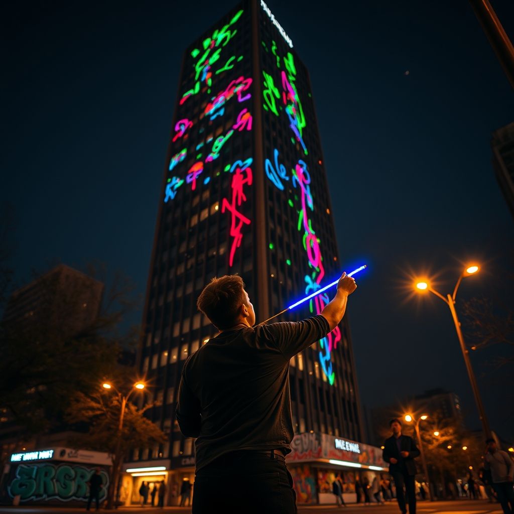 Una persona usando un 'LED Throwie' para crear graffiti luminoso en un edificio.