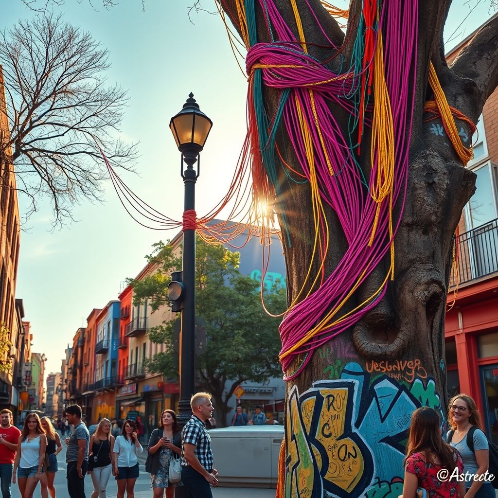 Un árbol o farola cubierto de graffiti con hilo de colores.