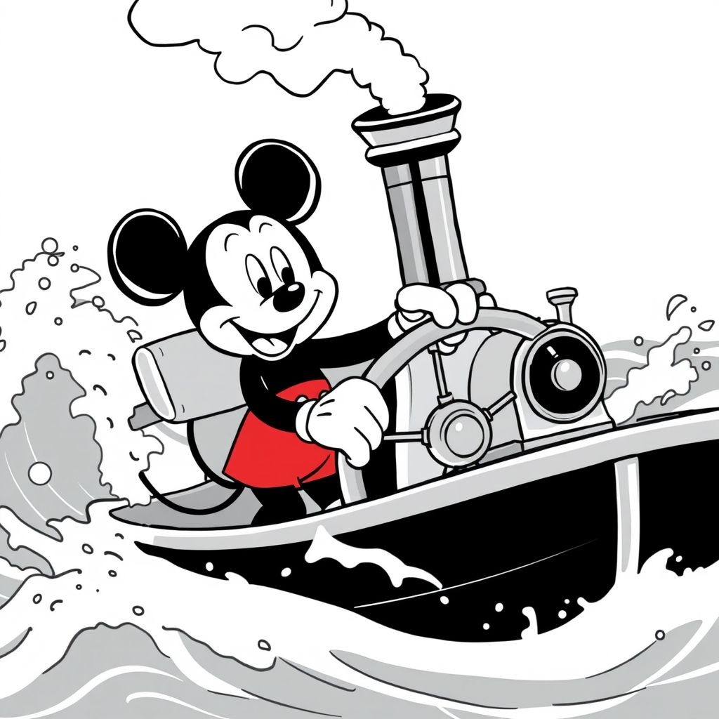 Mickey Mouse pilotando un barco de vapor en 'Steamboat Willie', estilo de dibujos animados clásico de Disney.