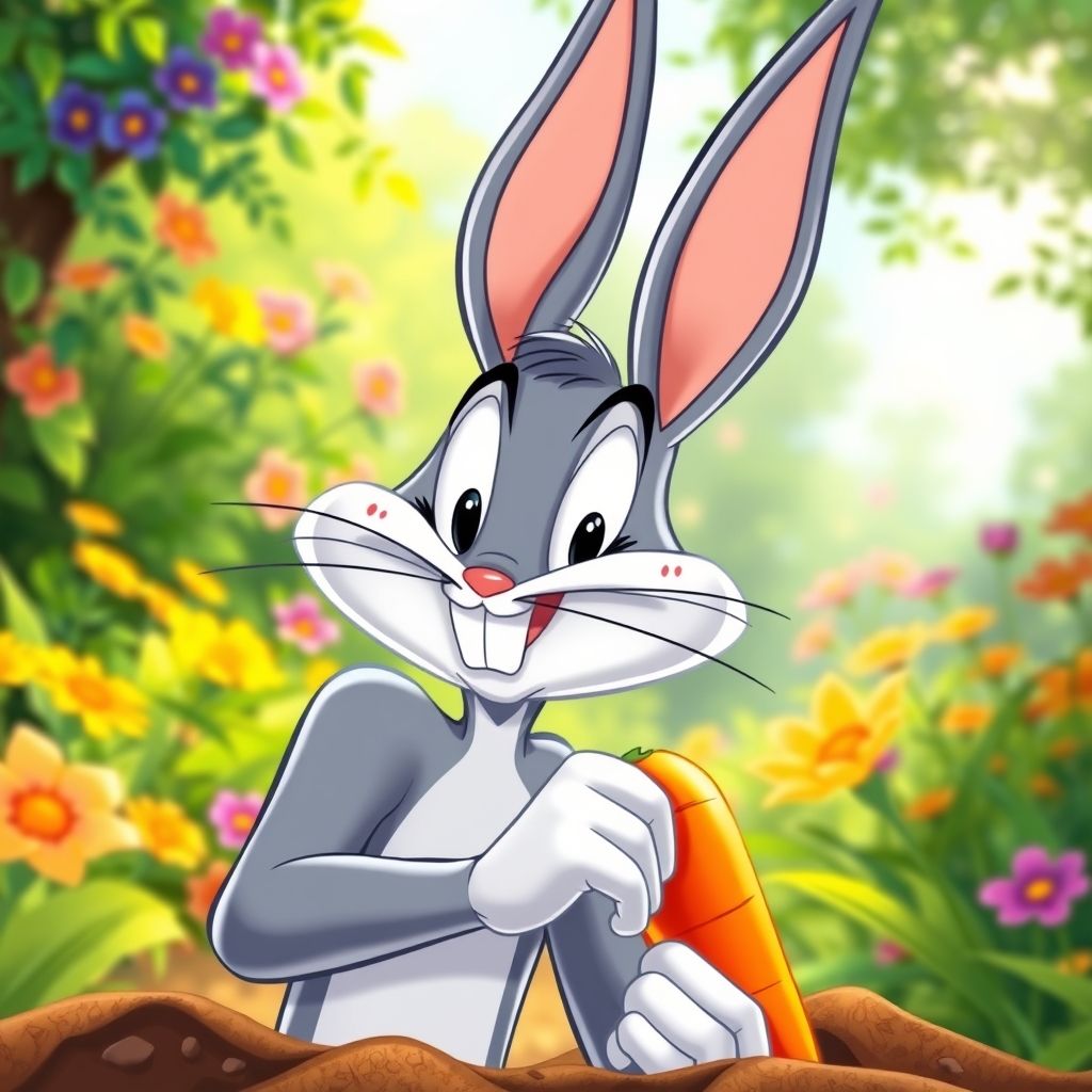 Bugs Bunny sacando una zanahoria con una expresión traviesa, estilo clásico de Looney Tunes.