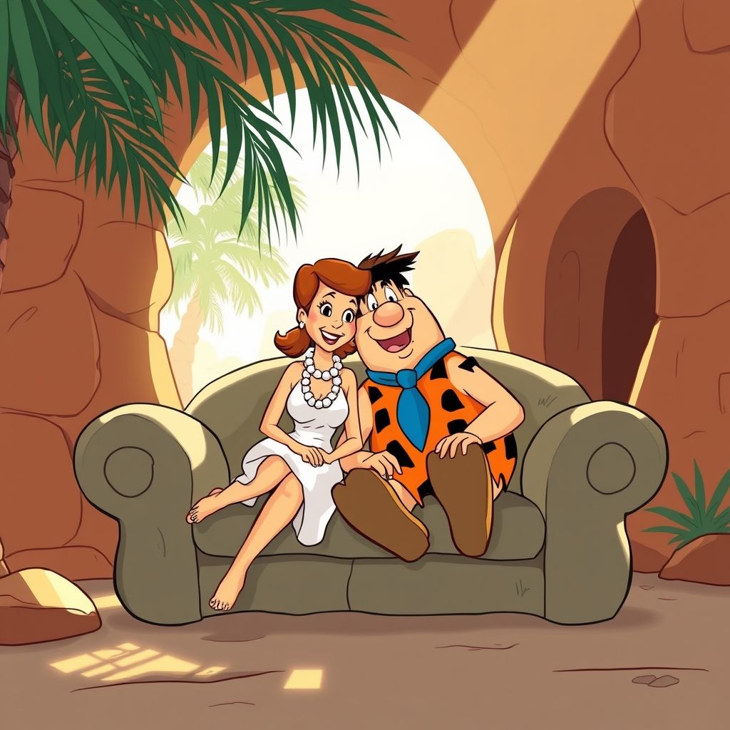 Fred y Wilma Picapiedra sentados en su sofá de piedra con su casa de la Edad de Piedra de fondo, estilo de dibujos animados clásico de Hanna-Barbera.