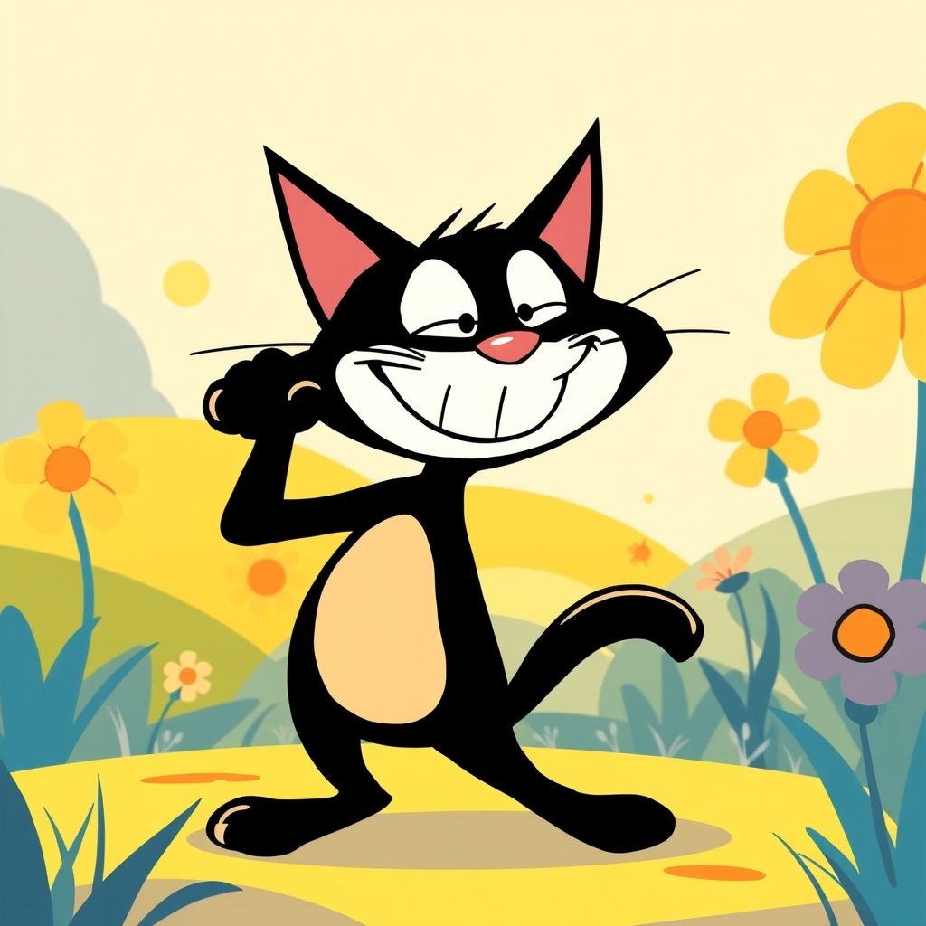 Félix el gato posando con su característica sonrisa y forma de cuerpo simple y de dibujos animados, estilo clásico de la era del cine mudo.