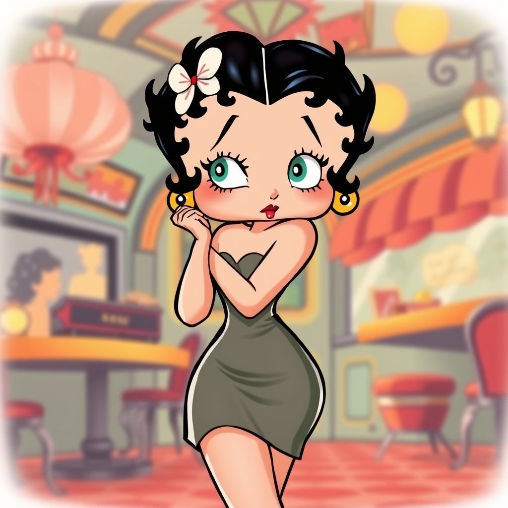 Betty Boop posando con su vestido corto característico y rizos peinados, estilo clásico de dibujos animados de Fleischer.