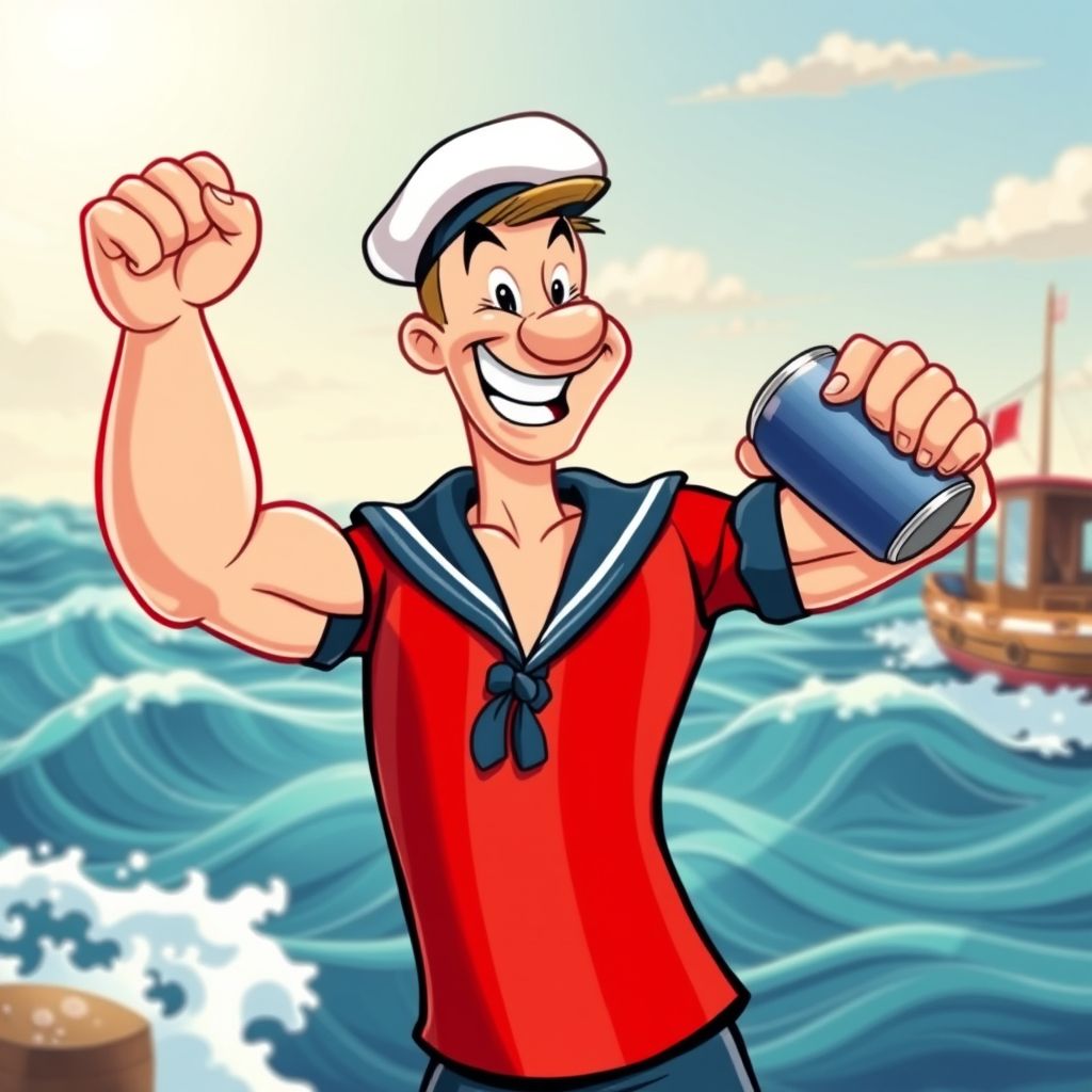 Popeye el marino apretando su bíceps después de comer una lata de espinacas, estilo de dibujos animados clásico de Fleischer.