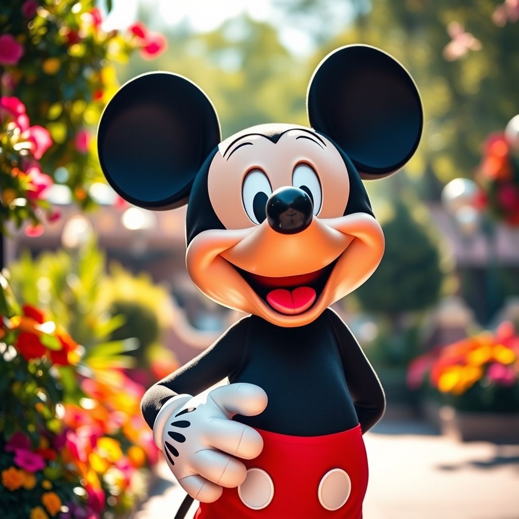 Una imagen de Mickey Mouse mostrando una amplia sonrisa y expresión alegre, con énfasis en sus ojos grandes y redondos.