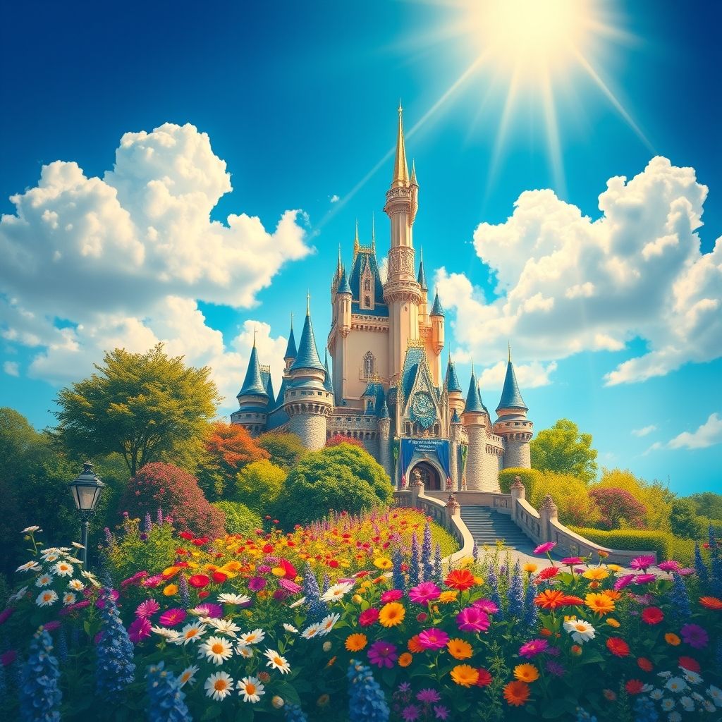Una exuberante pintura de fondo del castillo de Cenicienta rodeado de jardines con flores y cielo azul con nubes algodonosas.