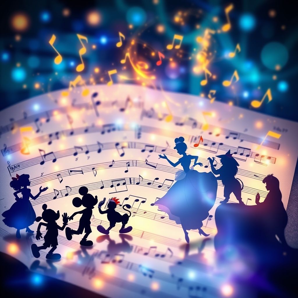 Una imagen de una partitura musical con notas musicales danzantes y siluetas de personajes icónicos de Disney.