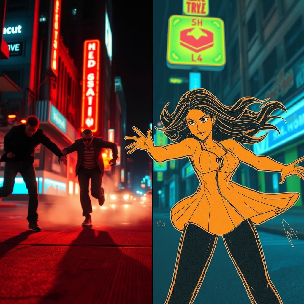 Una imagen comparando un fotograma de acción real con un fotograma animado trazado usando rotoscopia, mostrando el proceso de trazado.