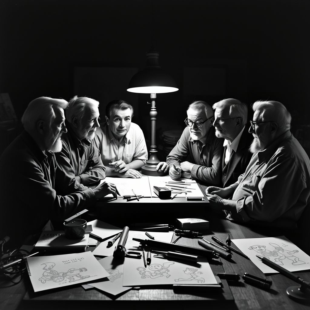 Una fotografía en blanco y negro de los 'Nine Old Men' de Disney reunidos alrededor de una mesa de animación.