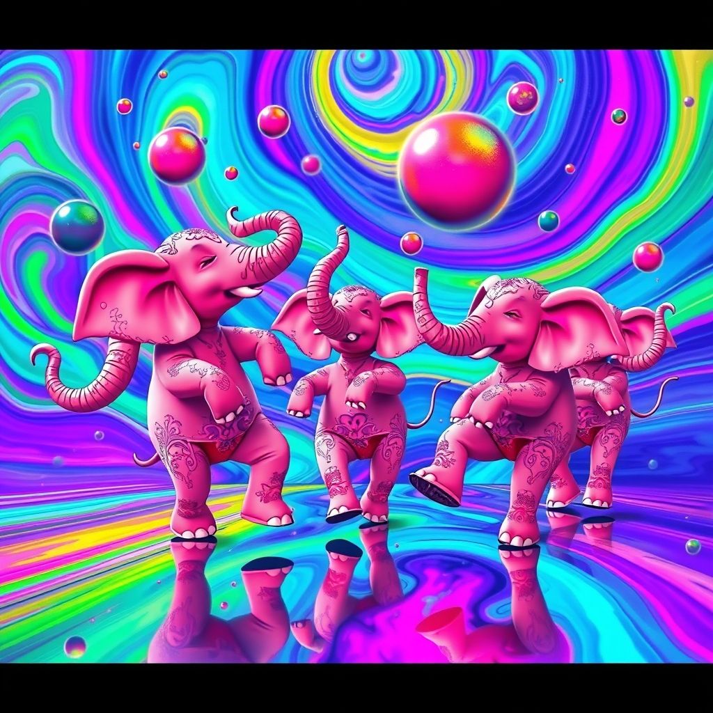 Una imagen estilizada de elefantes rosados danzantes y deformados en un fondo psicodélico, capturando la naturaleza surrealista de la secuencia 'Pink Elephants on Parade'.