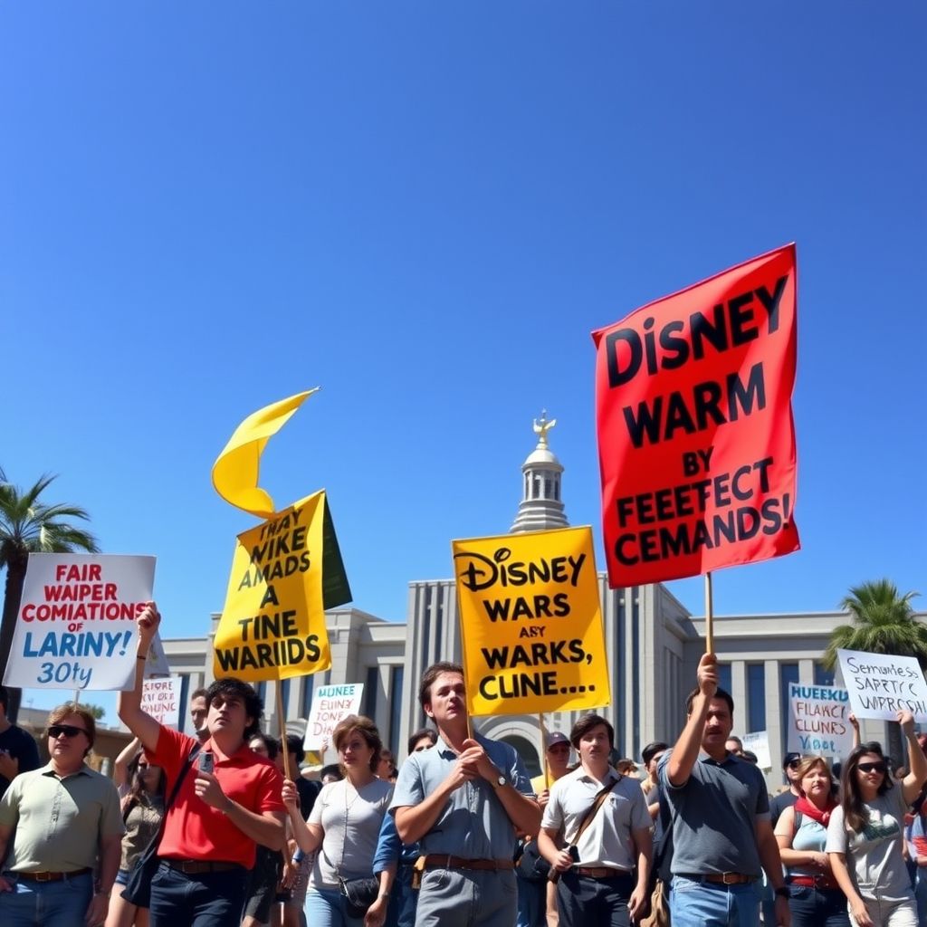 Una imagen de archivo de los animadores de Disney en huelga frente a los estudios, mostrando pancartas con sus demandas.