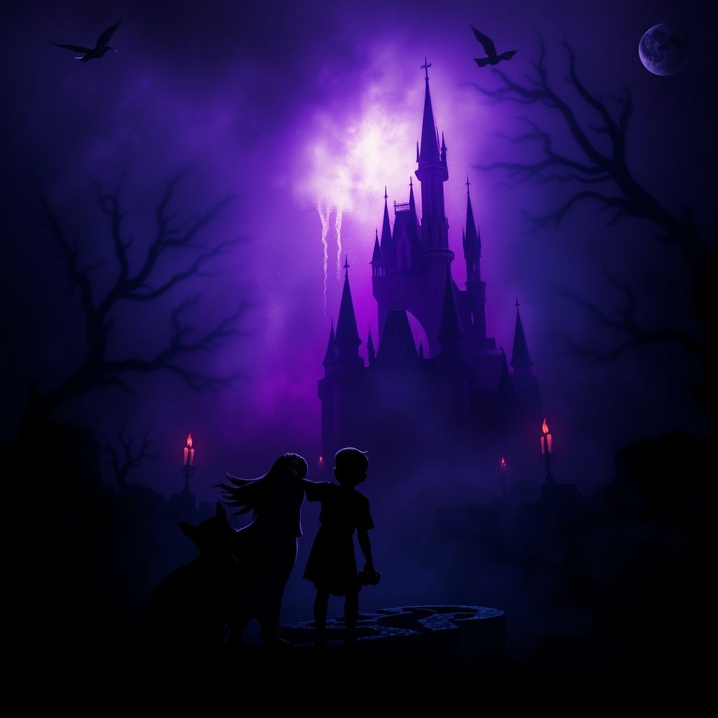 Una composición artística que representa supuestos mensajes subliminales ocultos dentro de una escena popular de una película de Disney, con un efecto visual misterioso y oscuro.