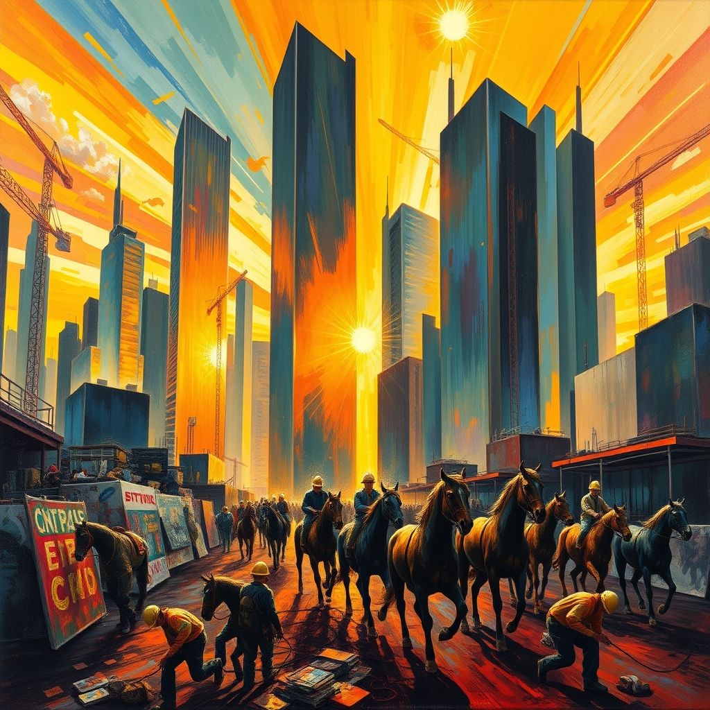 Una pintura futurista titulada 'La Ciudad Se Levanta' de Umberto Boccioni, representando la construcción de una ciudad con trabajadores, caballos y edificios en movimiento dinámico, con colores vibrantes.