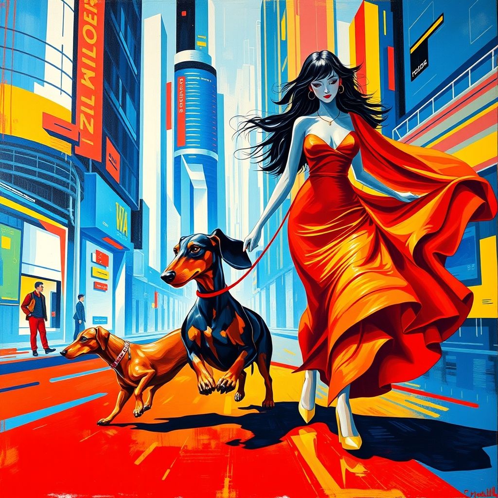 Una pintura futurista titulada 'Dinamismo de un Perro con Correa' de Giacomo Balla, representando un perro salchicha y una mujer caminando, con múltiples imágenes superpuestas para sugerir movimiento.