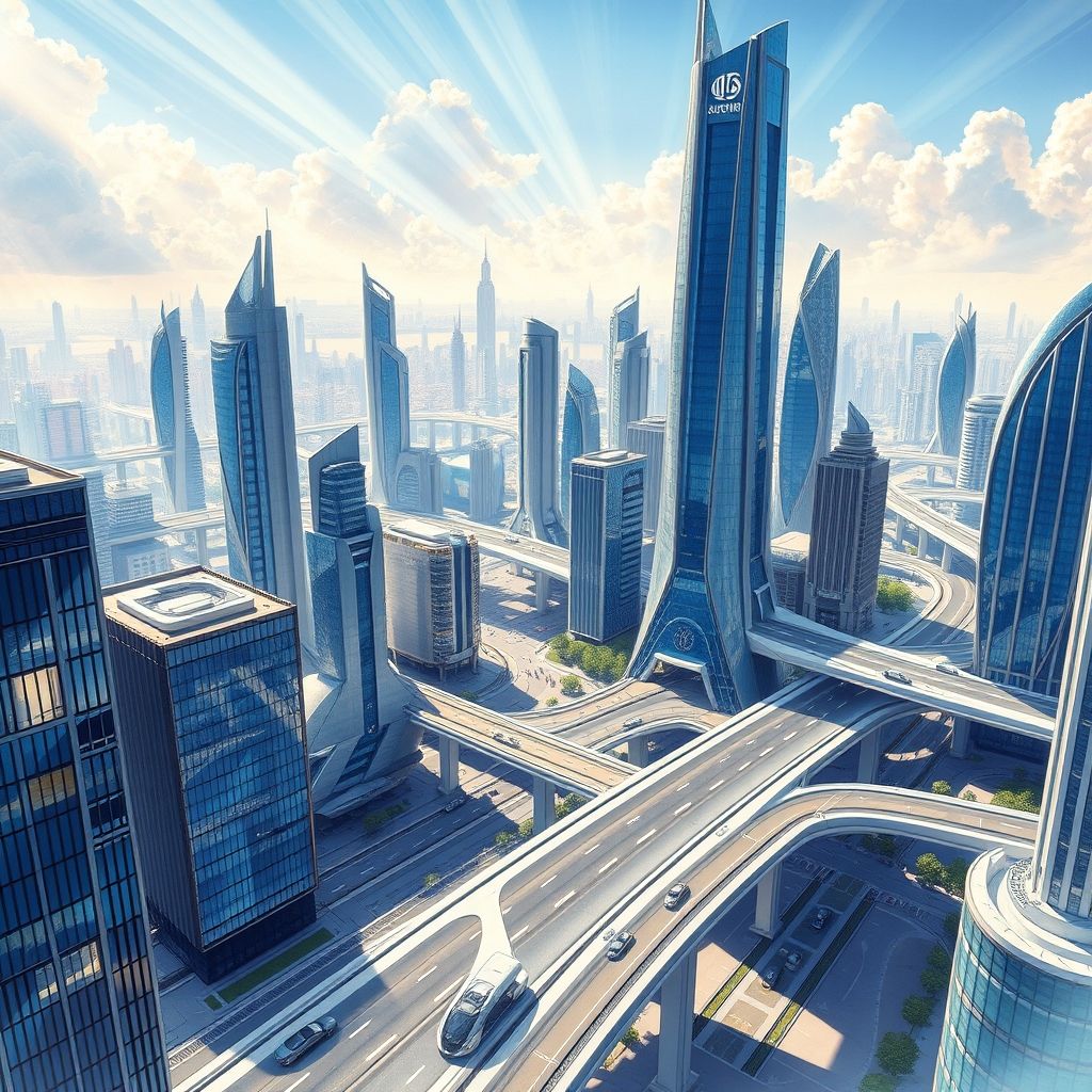 Un dibujo arquitectónico futurista de Antonio Sant'Elia, representando una ciudad futurista con altos rascacielos, puentes aéreos interconectados y vehículos futuristas moviéndose a través de la ciudad.
