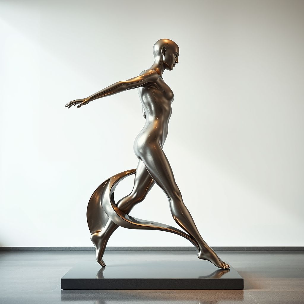 Una fotografía de la escultura futurista 'Formas Únicas de Continuidad en el Espacio' de Umberto Boccioni, representando una figura humana en movimiento dinámico, con líneas fluidas y una forma abstracta.