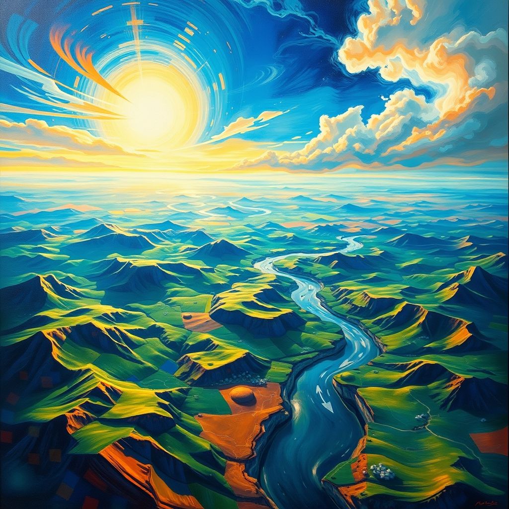Una pintura de aeropintura futurista de Gerardo Dottori, representando un paisaje aéreo con colores vibrantes, patrones abstractos y la sensación de velocidad y movimiento desde la perspectiva de un avión.
