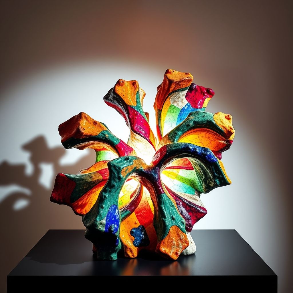 Una escultura de cerámica futurista de Tullio d'Albisola, mostrando una forma audaz y abstracta con colores brillantes y texturas inusuales, reflejando el dinamismo y la estética moderna del movimiento futurista.