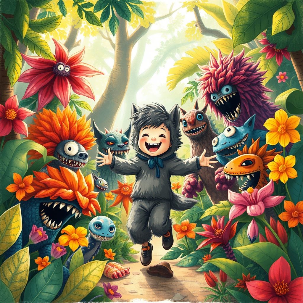 Una ilustración del libro 'Donde Viven los Monstruos' de Maurice Sendak, mostrando a Max, un niño con un disfraz de lobo, interactuando con un grupo de monstruos coloridos y texturizados en una jungla fantasiosa.