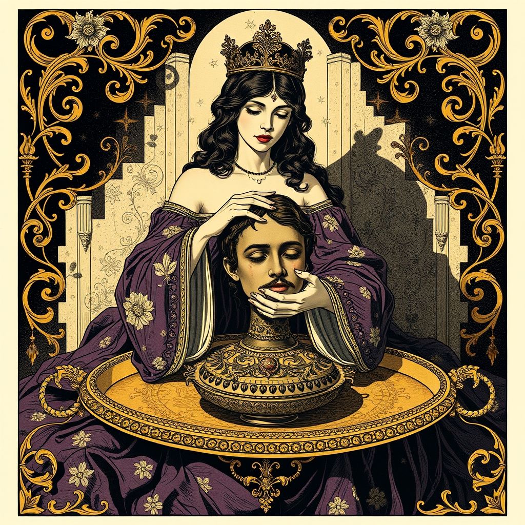 Una ilustración de Aubrey Beardsley para 'Salomé', mostrando a Salomé sosteniendo la cabeza de Juan el Bautista en una bandeja, con detalles ornamentados y un estilo Art Nouveau distintivo.
