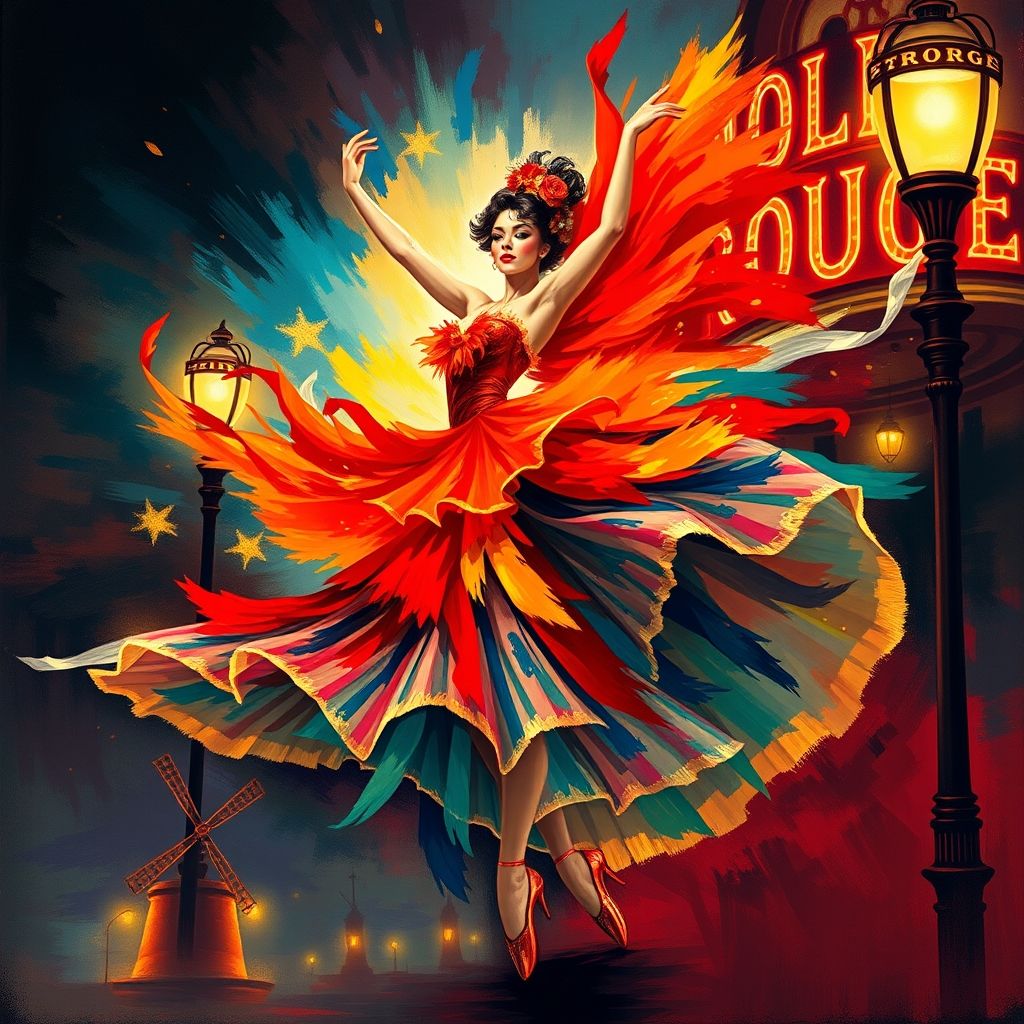 Un cartel de Henri de Toulouse-Lautrec para el Moulin Rouge, que muestra a una bailarina o figura prominente del cabaret, con colores audaces, una composición dinámica y un texto tipográfico llamativo.