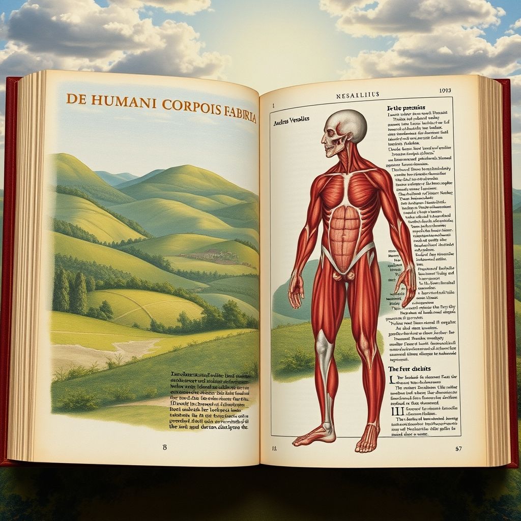 Una página de 'De humani corporis fabrica' de Andreas Vesalius, que muestra una ilustración anatómica detallada del sistema muscular humano, con un paisaje de fondo y un estilo renacentista.