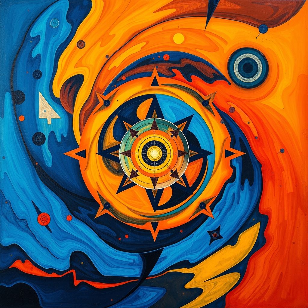 Una pintura abstracta de Hilma af Klint, que muestra formas geométricas, colores vibrantes y símbolos en capas en una composición compleja y meditativa.  El arte es espiritual y busca representar ideas abstractas.
