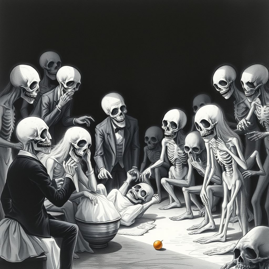 Una ilustración de Thomas Theodor Heine en su estilo de 'pintura de cadáveres', que muestra una escena satírica o grotesca con figuras detalladas en blanco y negro con un sutil tinte de acuarela, creando un efecto inquietante y fantasmal.