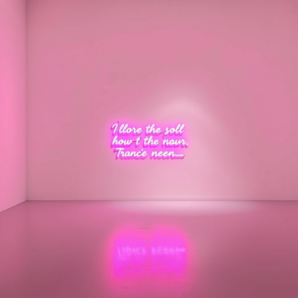 Una escultura de neón de Tracey Emin con una frase emocional escrita en neón rosa sobre una pared blanca de galería.