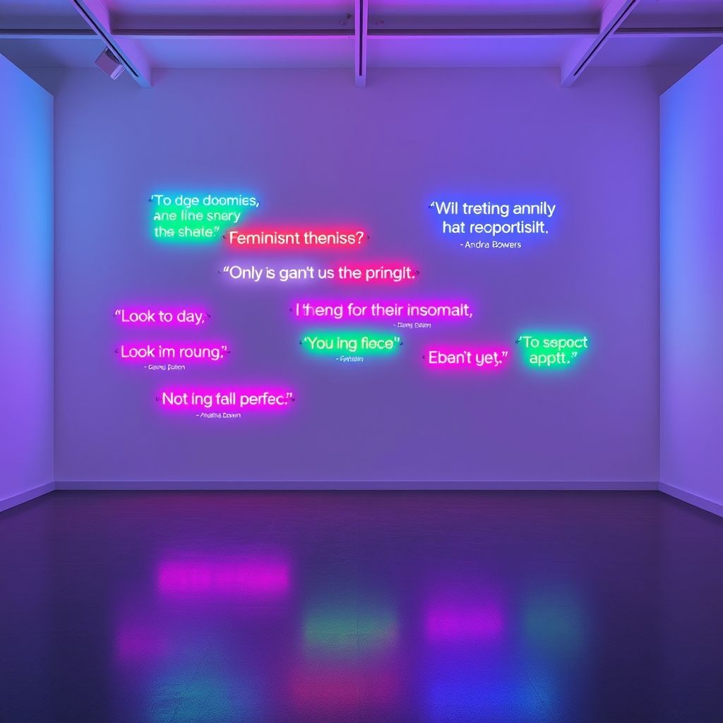 Una instalación de neón de Andrea Bowers con citas de activistas feministas brillando en varios colores en una pared de galería.