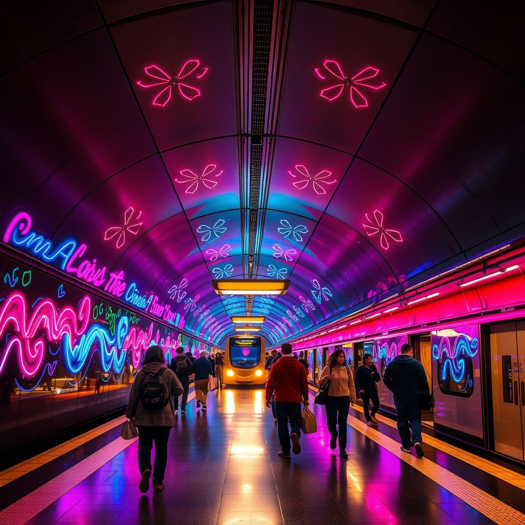 Una vista de una estación de metro en Nápoles, Italia, con coloridas instalaciones de arte neón iluminando las paredes y el techo.