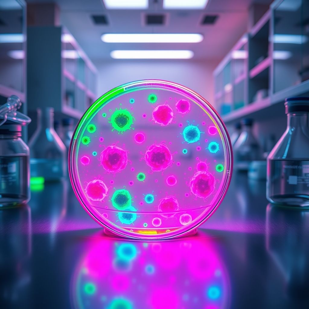 Una imagen de laboratorio mostrando bacterias genéticamente modificadas que brillan en colores neón en una placa de Petri.