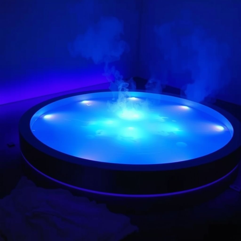 Un tanque de flotación con luces de neón suaves que brillan en el agua, creando una atmósfera relajante.