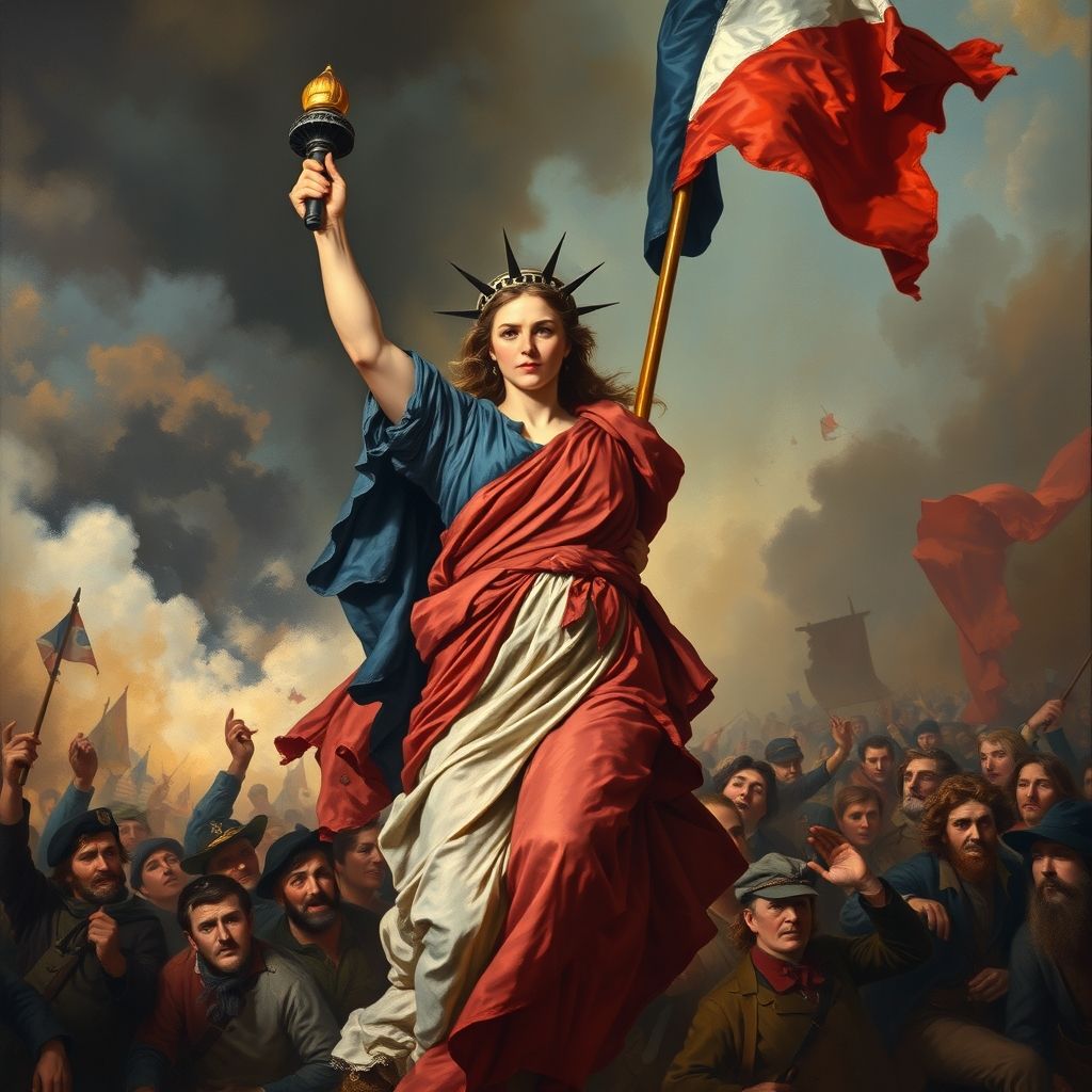 La Libertad guiando al pueblo, pintura de Eugène Delacroix, mostrando a Marianne liderando una carga revolucionaria.