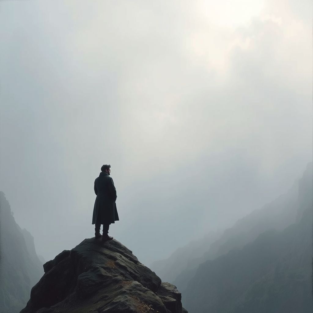 El caminante sobre el mar de niebla, pintura de Caspar David Friedrich, mostrando un hombre contemplando un paisaje montañoso nebuloso.