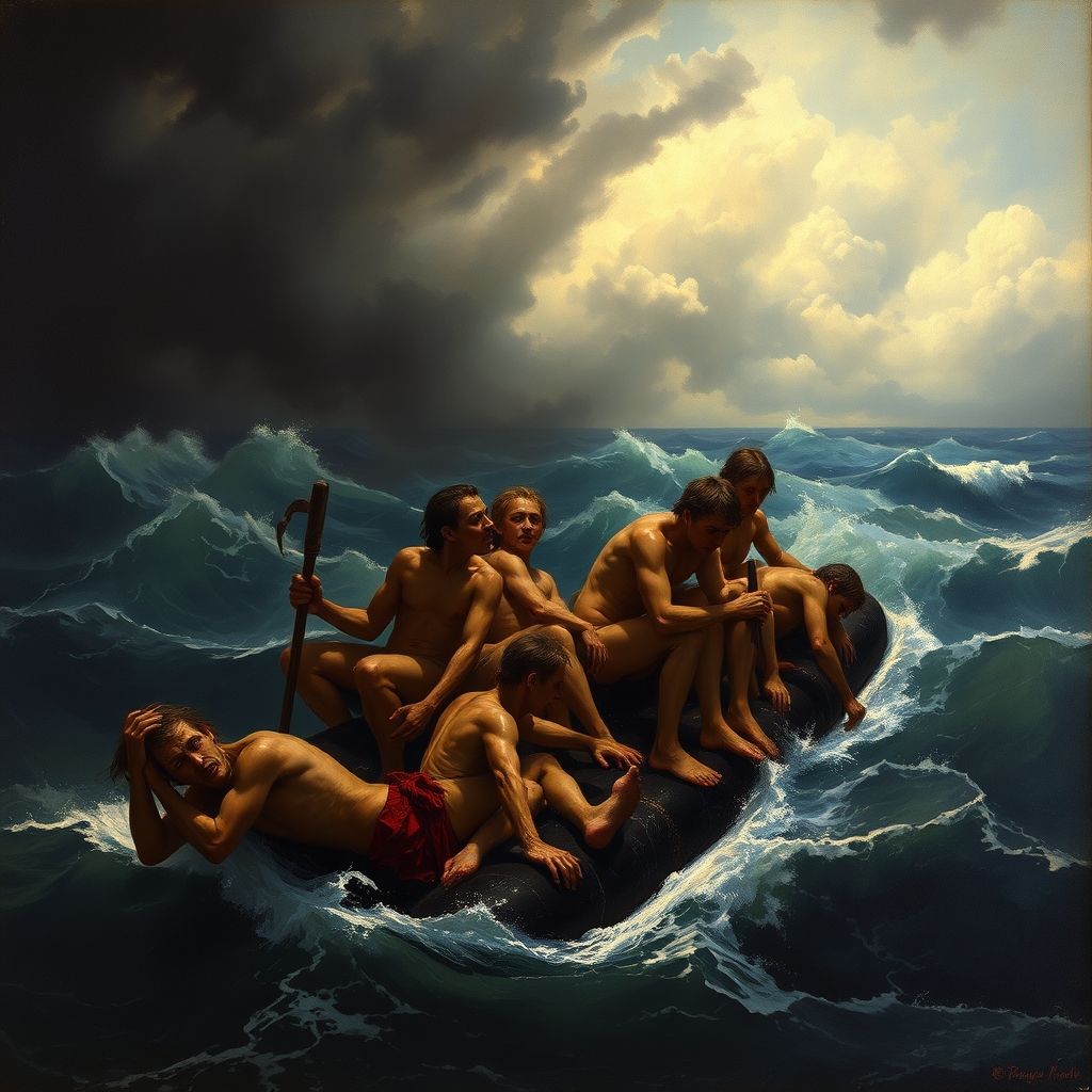 La balsa de la Medusa, pintura de Théodore Géricault, mostrando a los supervivientes demacrados en una balsa en el mar.