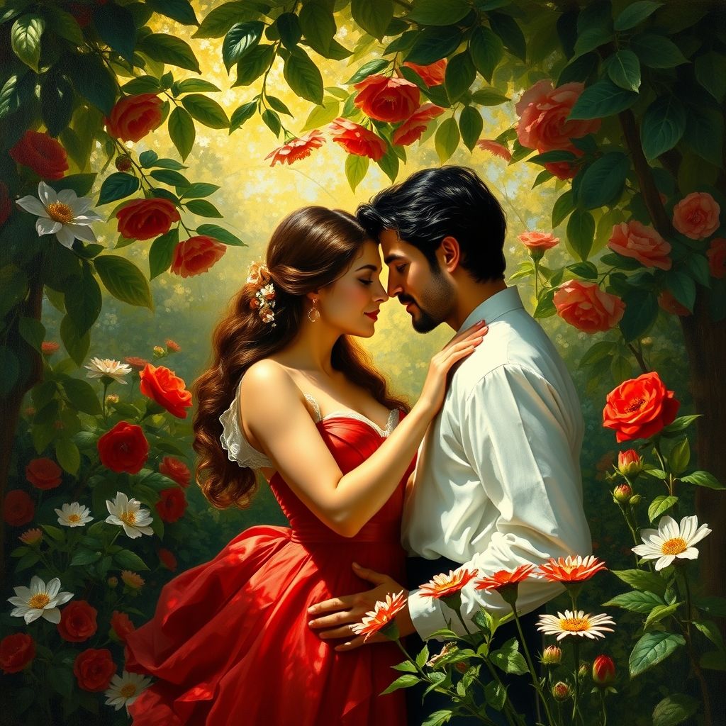 El Jardín del Amor, pintura de Francesco Hayez, que muestra una escena amorosa en un jardín con simbolismo patriótico oculto.