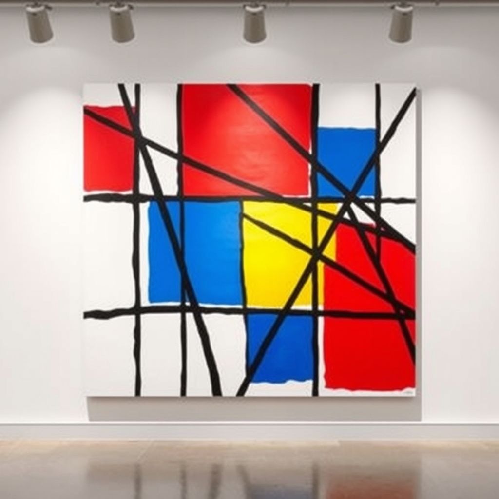 Una pintura de Piet Mondrian titulada 'Composición con rojo, azul y amarillo', mostrando líneas negras y bloques rectangulares de colores primarios.
