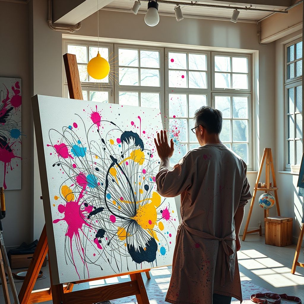 Una imagen que muestra un artista surrealista utilizando la técnica del automatismo, permitiendo que su mano se mueva libremente sobre un lienzo para crear formas abstractas.