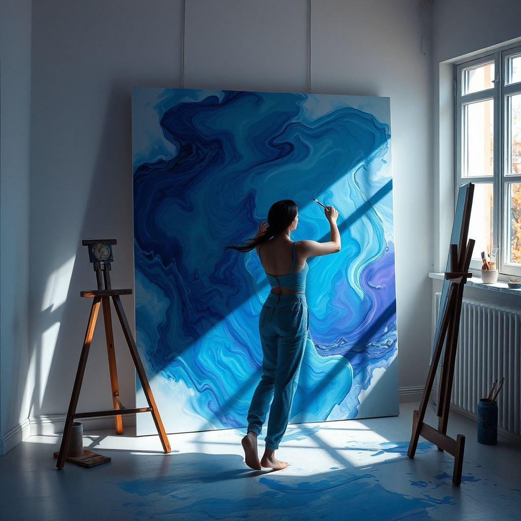 Una imagen surrealista de un artista en trance, creando una pintura abstracta con movimientos fluidos y etéreos.