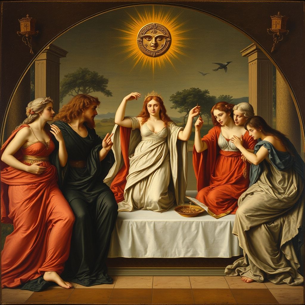 Una pintura de Sandro Botticelli, El Juicio de París, mostrando a Paris eligiendo entre Hera, Atenea y Afrodita.