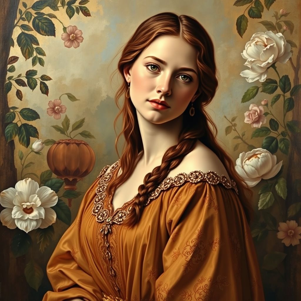 Una pintura de Sandro Botticelli, Retrato de Esmeralda Brandini, mostrando a una joven mujer con un vestido elegante y una expresión serena.