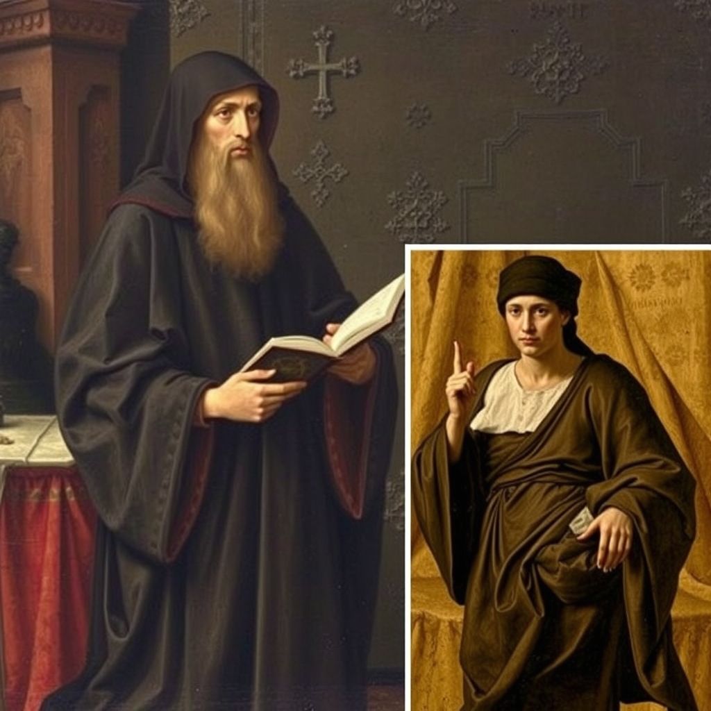 Una representación de Girolamo Savonarola predicando en Florencia, con una imagen secundaria que muestra una pintura posterior de Botticelli con un estilo más austero.
