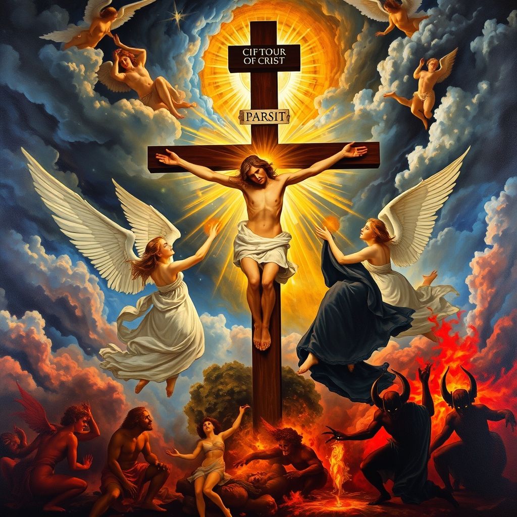 Una pintura de Sandro Botticelli, La Crucifixión Mística, mostrando la crucifixión de Cristo en un contexto apocalíptico con ángeles y demonios.