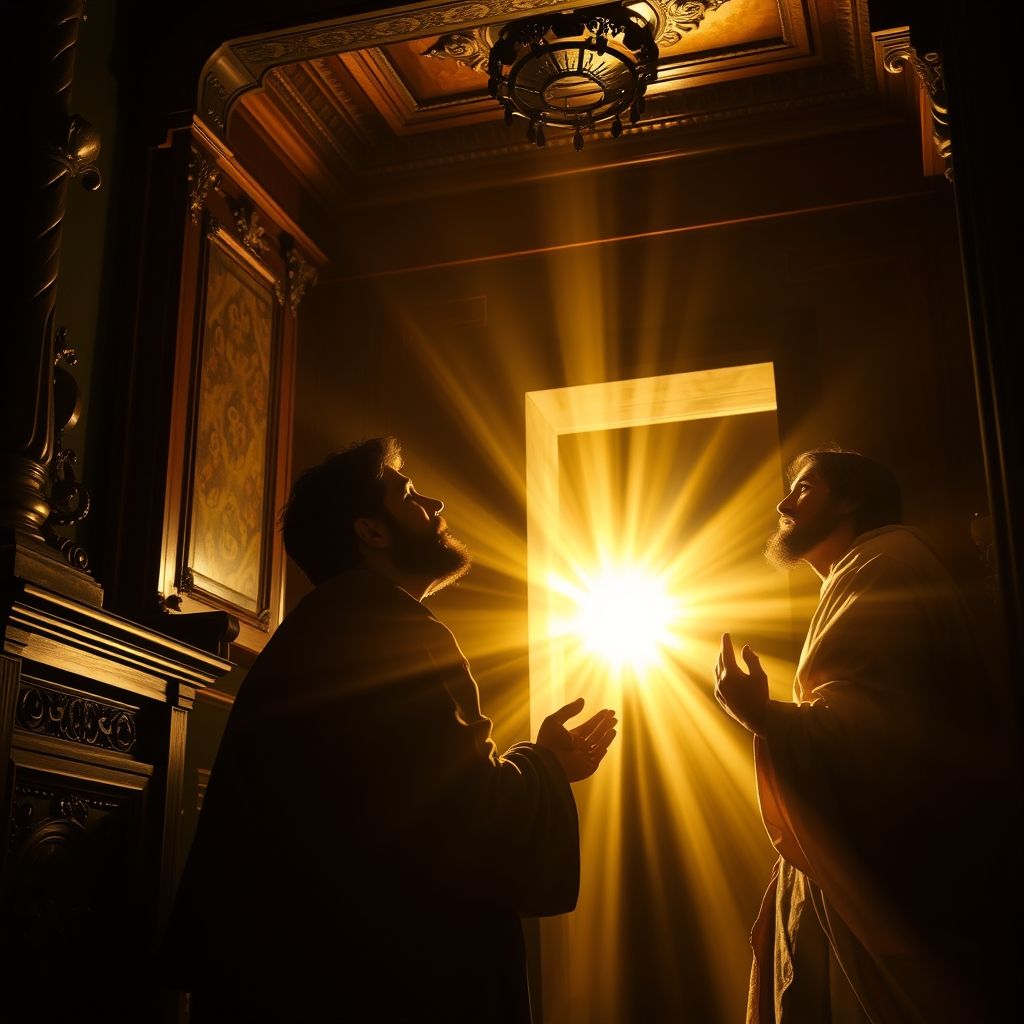 Una reproducción de la pintura El Llamamiento de San Mateo, mostrando la luz entrando en una habitación oscura e iluminando a Mateo y Jesús.