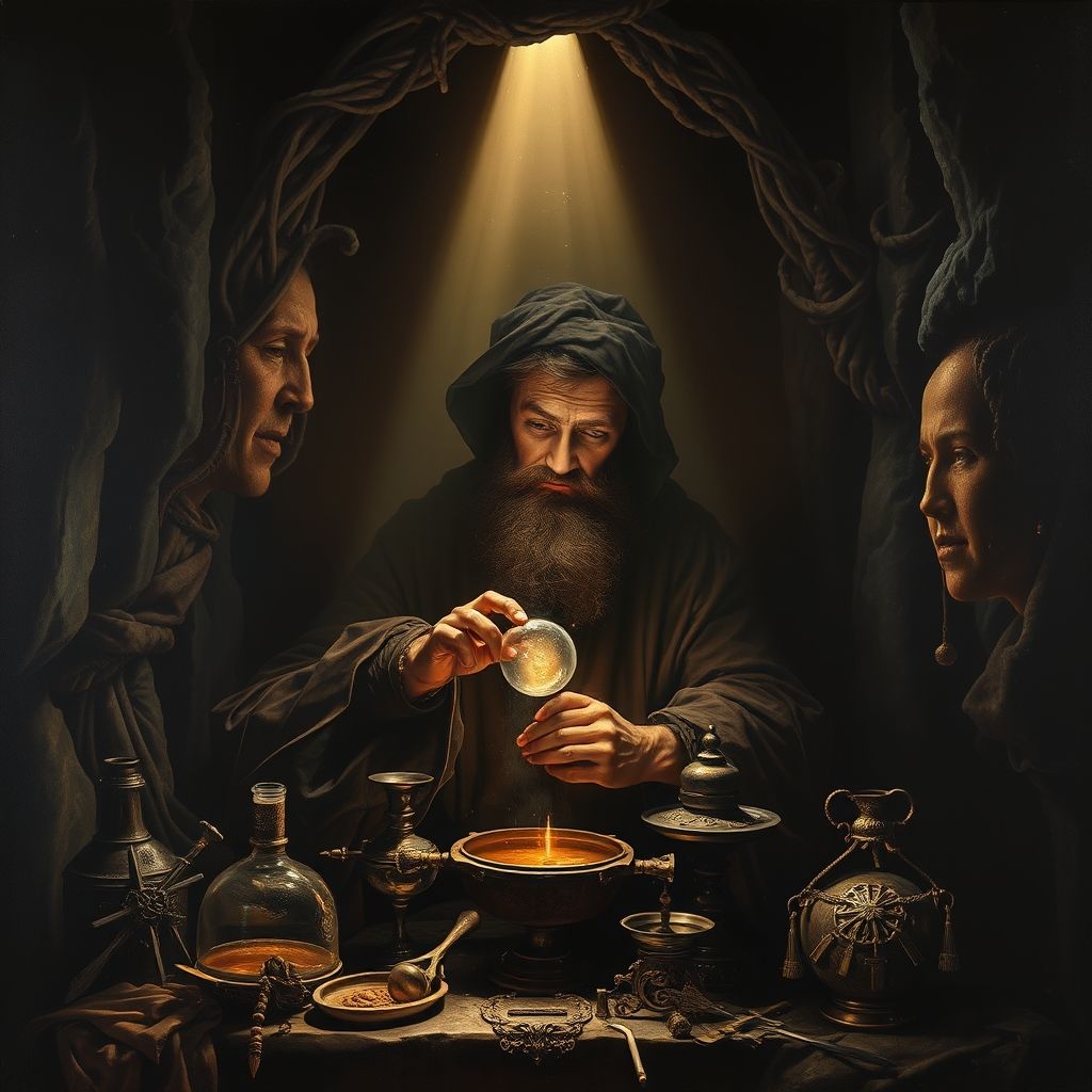 Una imagen que combina elementos de una pintura de Caravaggio con símbolos alquímicos.