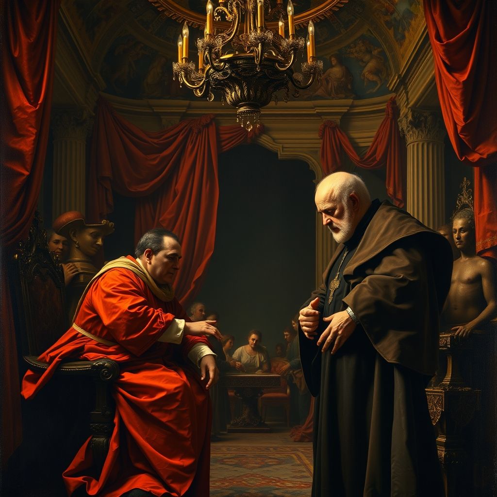 Una pintura que represente a Caravaggio recibiendo el patrocinio de un cardenal.