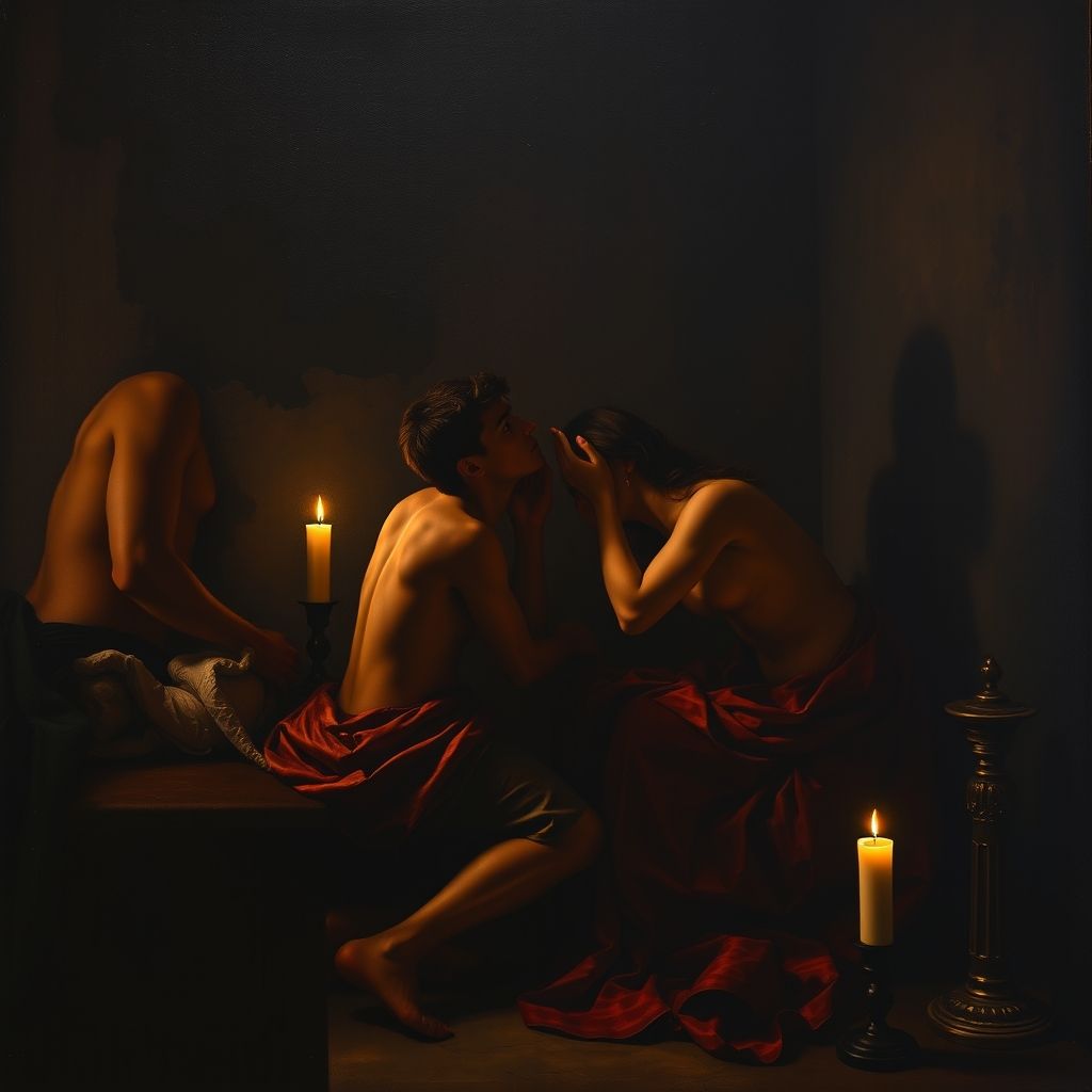 Una pintura que insinúe la posible homosexualidad de Caravaggio, basada en sus obras y en el contexto histórico.
